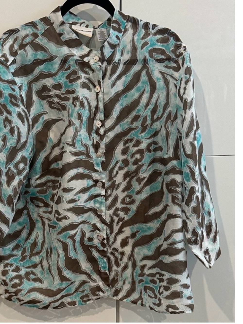 Alfred Dunner Turquoise and Brown Animal Print Blouse